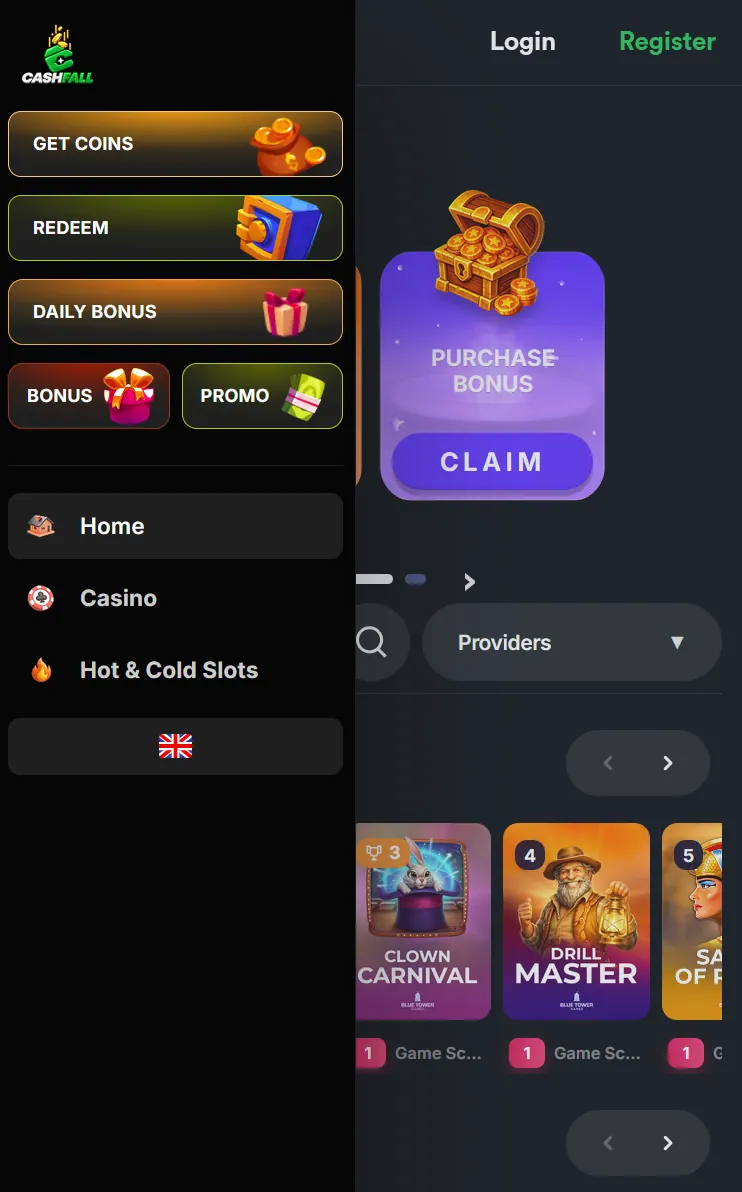 CashFall mobile menu with Get Coins, Redeem, Daily Bonus, Bonus and Promo shortcuts